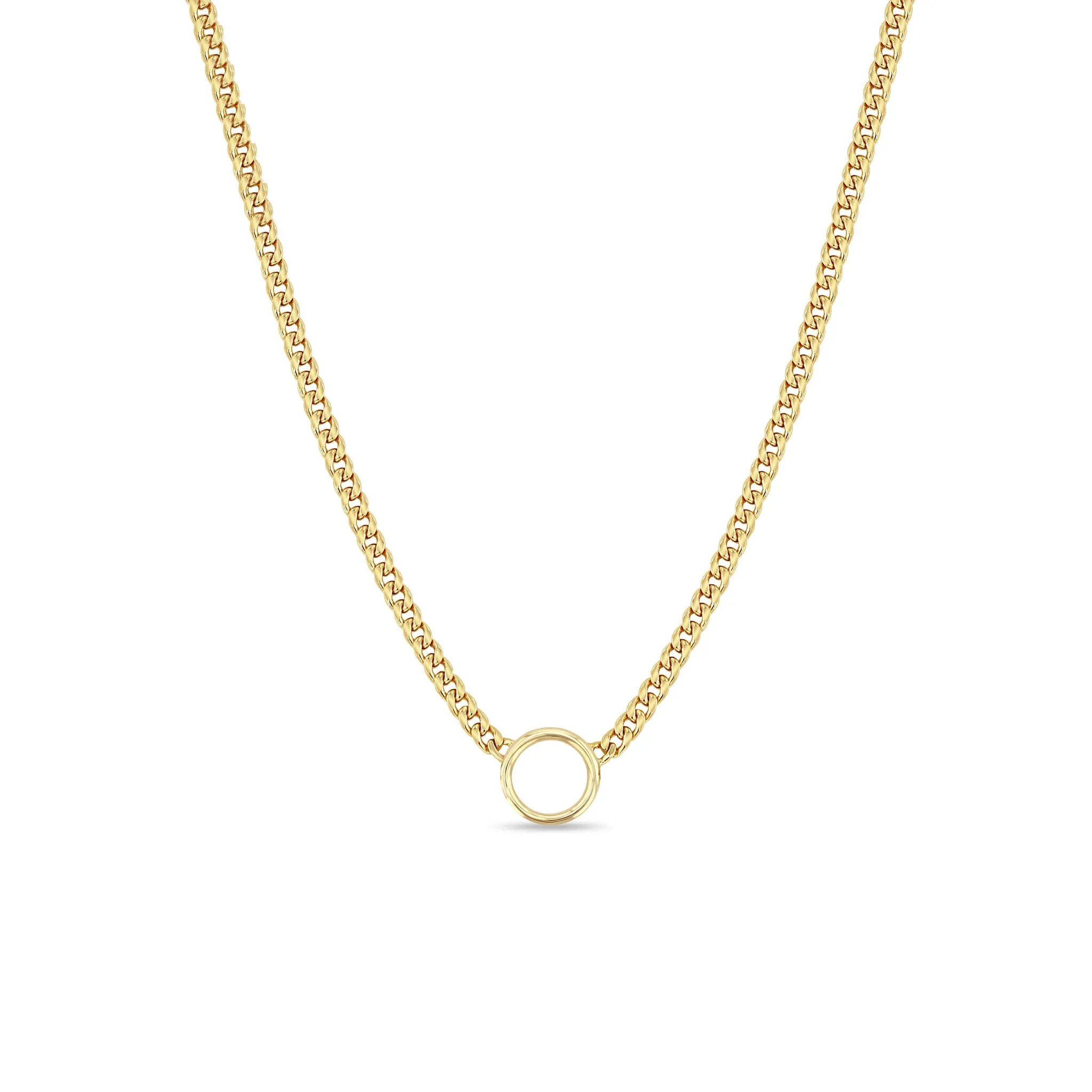 14k Pavé Diamond Circle Pendant Small Curb Chain Necklace