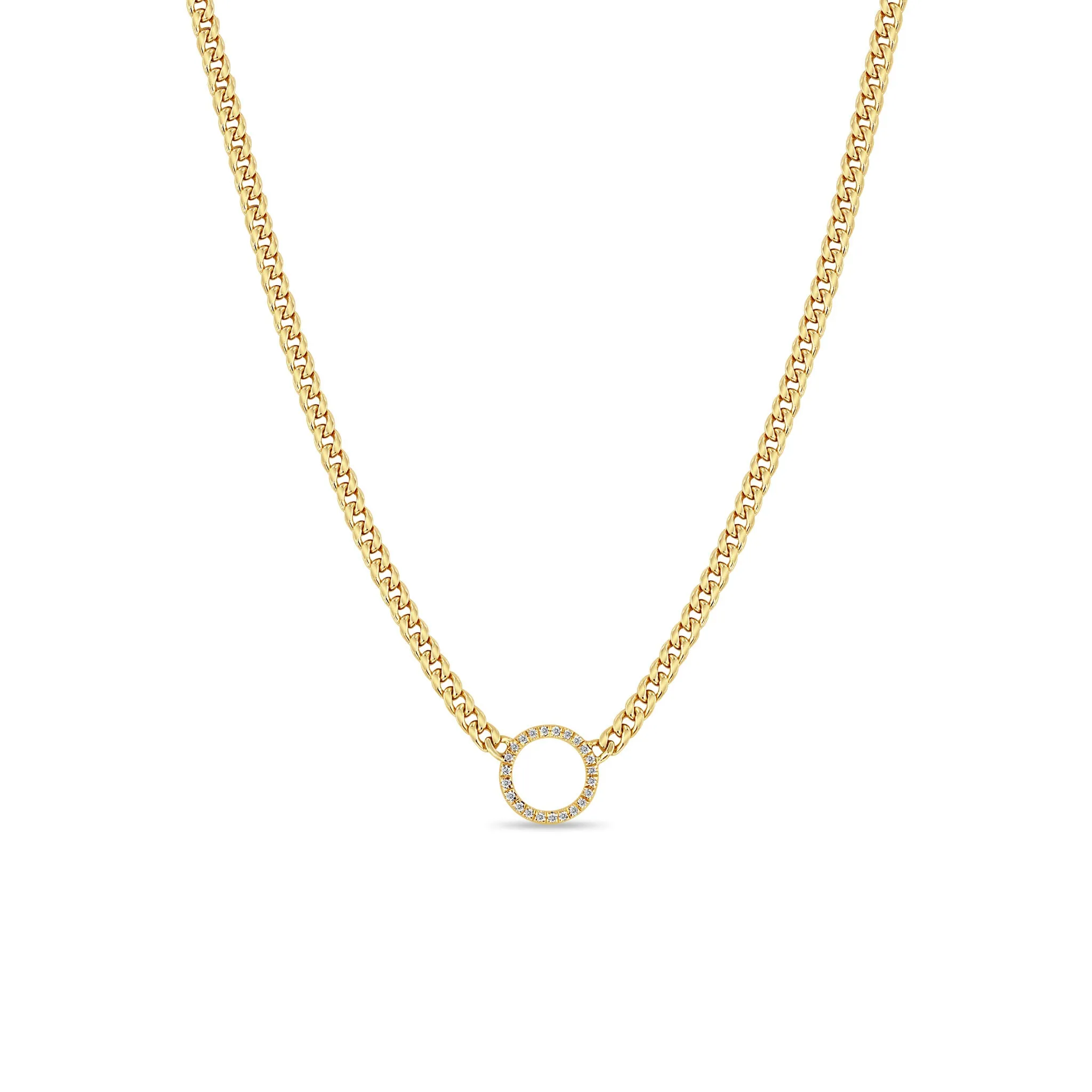 14k Pavé Diamond Circle Pendant Small Curb Chain Necklace