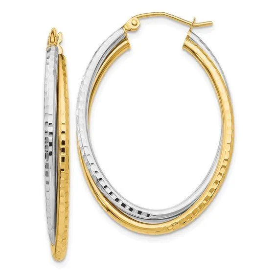 14K TT Gold Dia Cut Double Oval Hoop Earrings