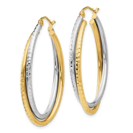 14K TT Gold Dia Cut Double Oval Hoop Earrings