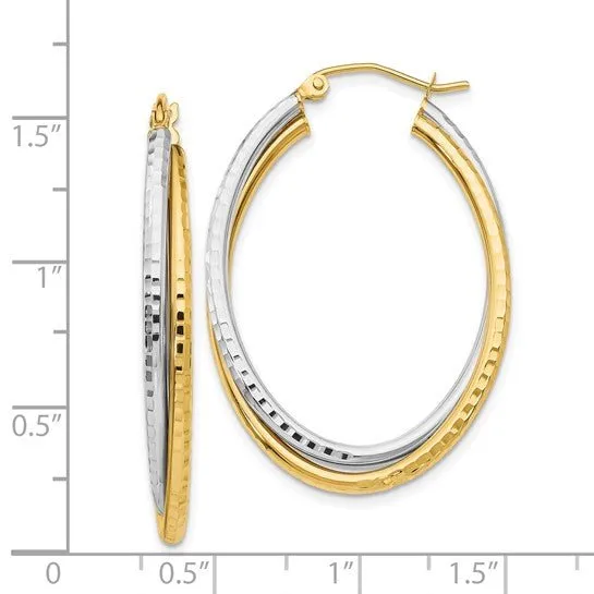 14K TT Gold Dia Cut Double Oval Hoop Earrings