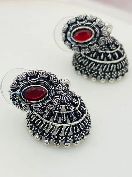 Attractive Silver Oxidized With Red Color Stoned Earring For Women