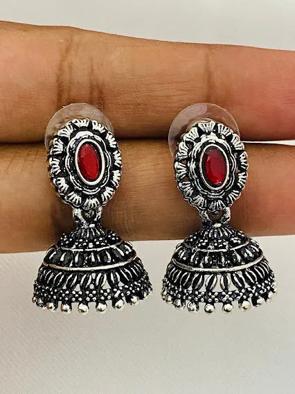 Attractive Silver Oxidized With Red Color Stoned Earring For Women