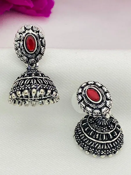 Attractive Silver Oxidized With Red Color Stoned Earring For Women