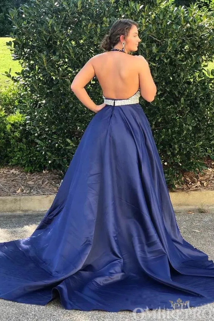 Backless V Neck Satin Long Prom Dresses Sweep Train Plus Size Party Dresses