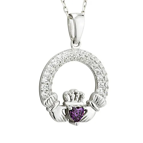 Claddagh Necklace - Sterling Silver with Birth Stone