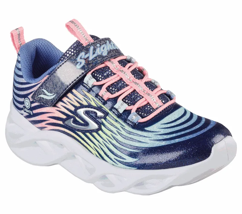 Girls Skechers Trainers Navy Multi Strap Light Up Twisty Brights 302321L NVMT