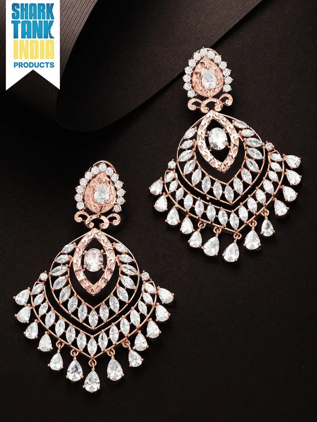 Rubans Zircon Studded Handcrafted Rose Gold Plated Chandbali Earrings