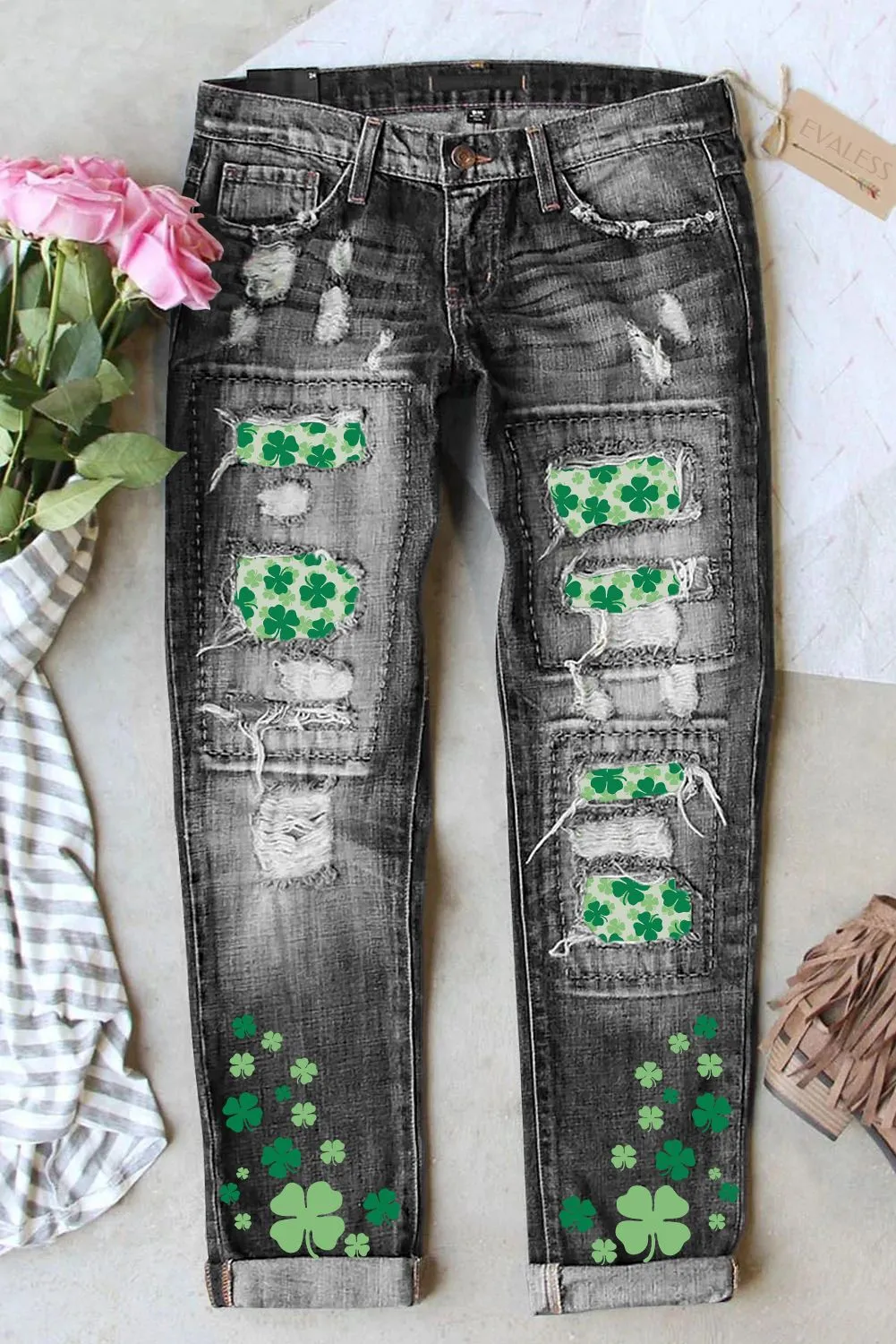 St. Patrick's Day Ripped Jeans for Women Denim Jean Pants