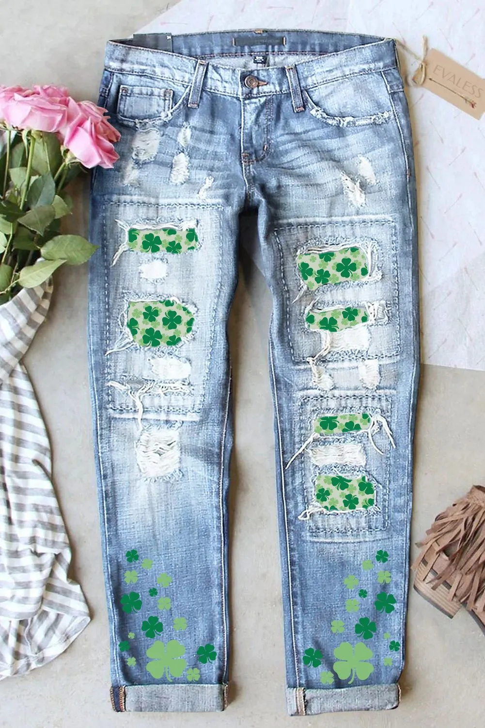 St. Patrick's Day Ripped Jeans for Women Denim Jean Pants