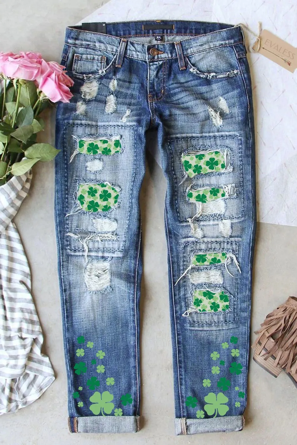 St. Patrick's Day Ripped Jeans for Women Denim Jean Pants