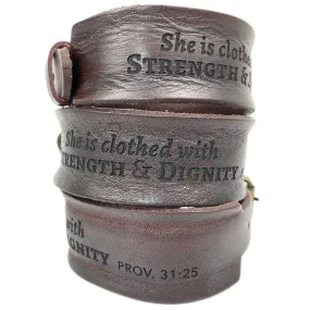 Strength and Dignity Proverbs 31 Laser-Engraved Brown Leather Scripture Bracelet with Watch Band Clasp